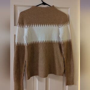 Womens Tan and White Ribbed Sweater